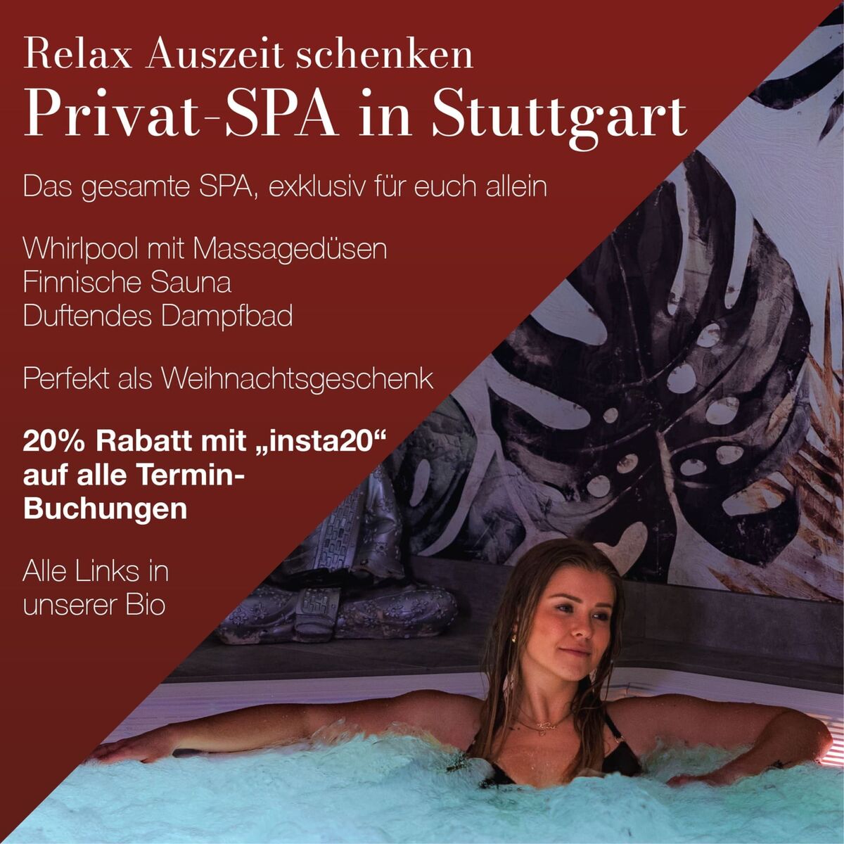 Frau entspannt im Whirlpool des Relax Privat-SPA Stuttgart, Textoverlay mit Weihnachtsangebot und Rabattcode