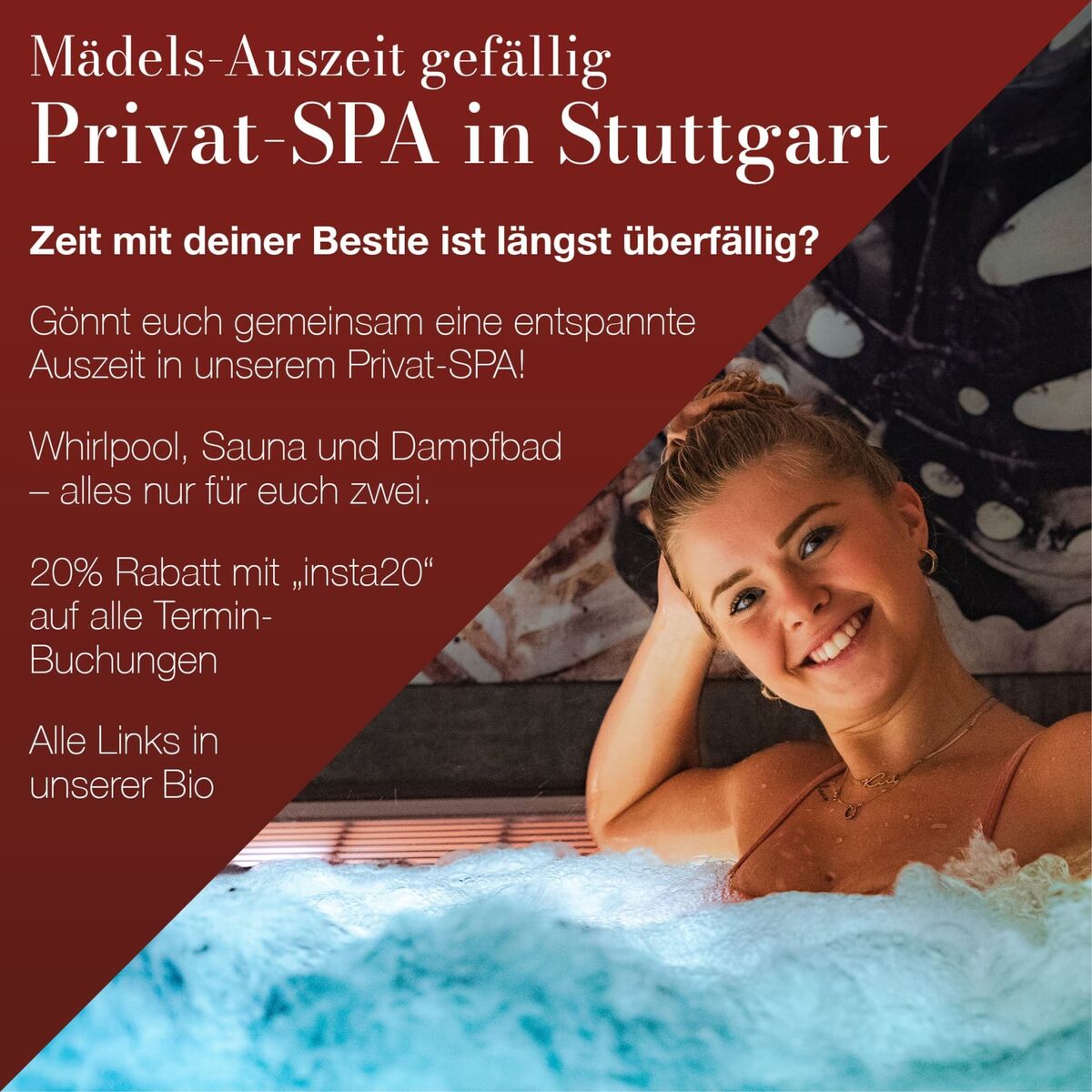 Junge Frau im Whirlpool des Relax Privat-SPA Stuttgart, Werbetext zur Mädels-Auszeit eingeblendet