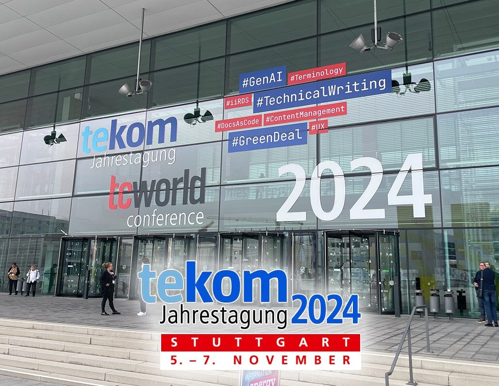 Fassade der tekom Jahrestagung 2024 im ICS Stuttgart Eingang zur tekom Jahrestagung 2024 mit Glasfassade, Hashtags und Jahreszahl 2024